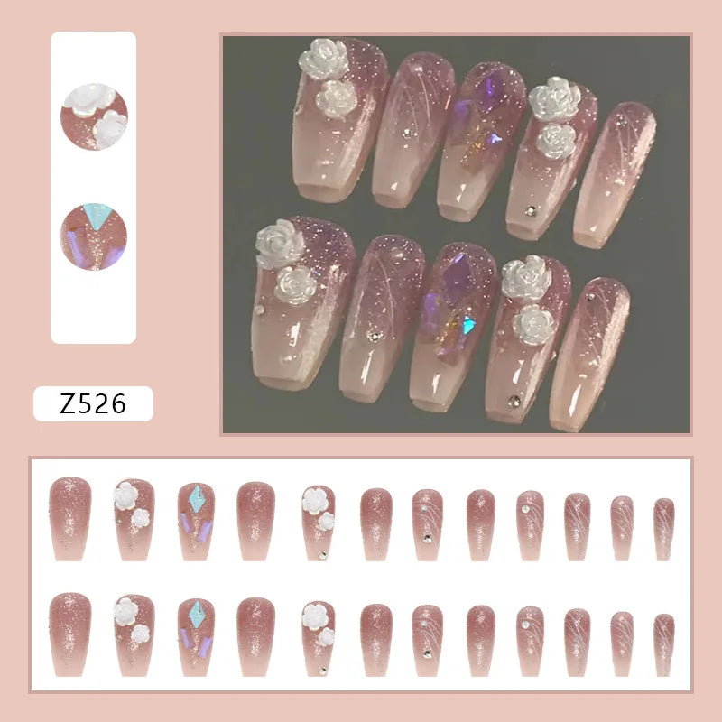 24pcs Artifical Nails Fake Wearable Nail Tips With Small Diamonds