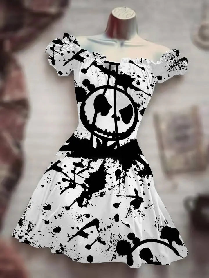 Summer 3D Print Horror Skull White Light Halloween Dress