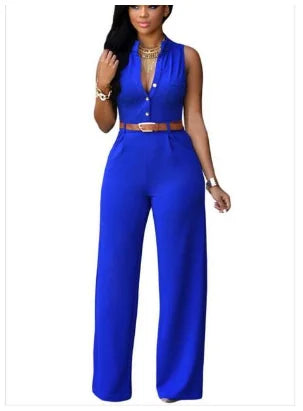 Sleeveless Single Breasted Button High Waist Wide Leg Jumpsuit