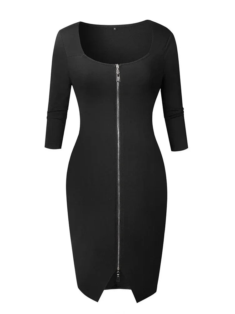 Sexy Long Zipper Girdling Waist Slim Bodycon Dress