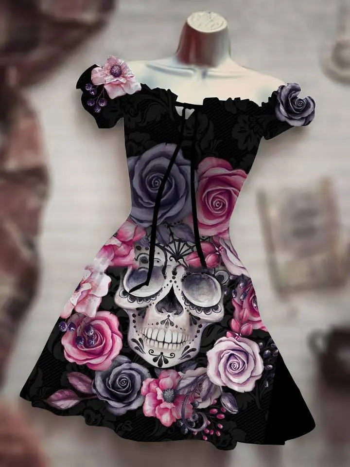 Summer 3D print Horror Skull Tomb Halloween Bohemian Short Sleeved Dress