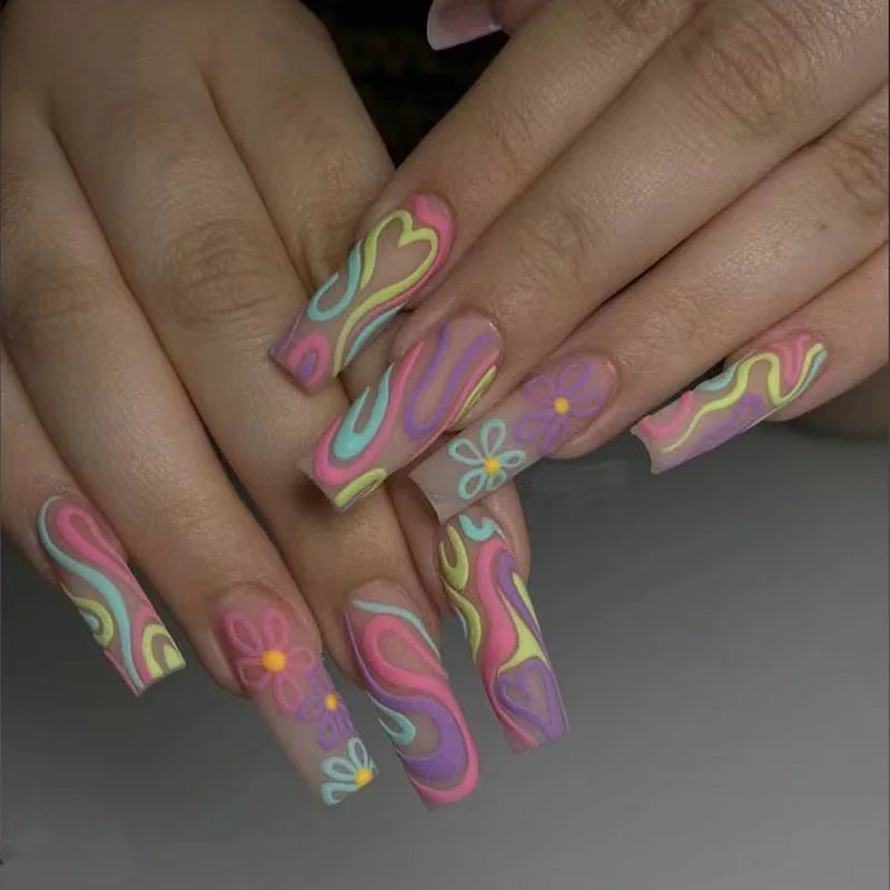 24Pcs Multicolored Line Flower Design False Nails Long Coffin Fake Nails