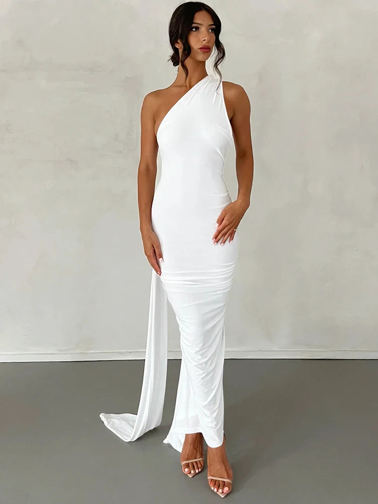 One Shoulder Backless Adjustable Scarf Loop Ruched Sexy Maxi Dress