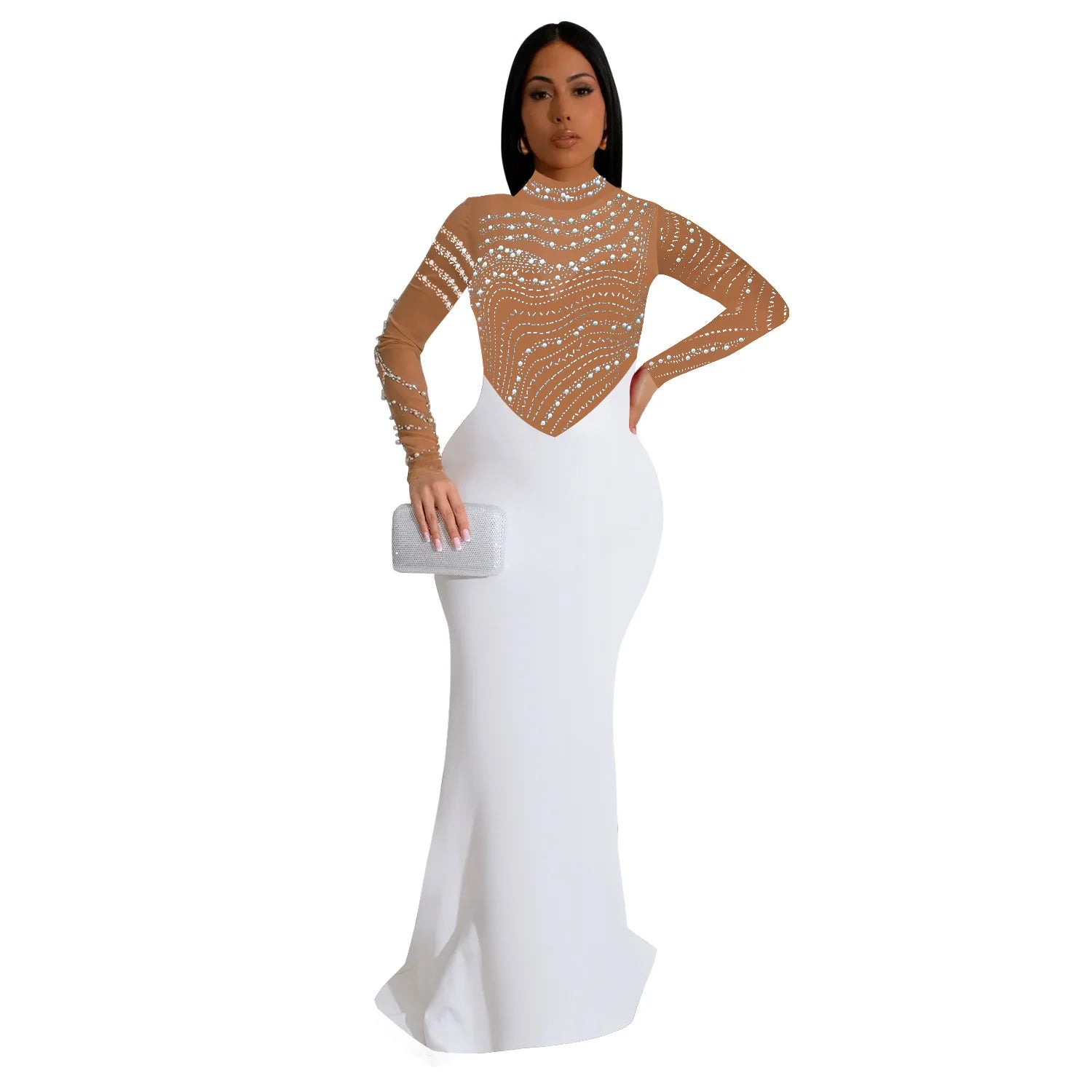 Fashion Rhinestones Pearls Round Neck Long Sleeve Slim Bodycon Evening Party Dress