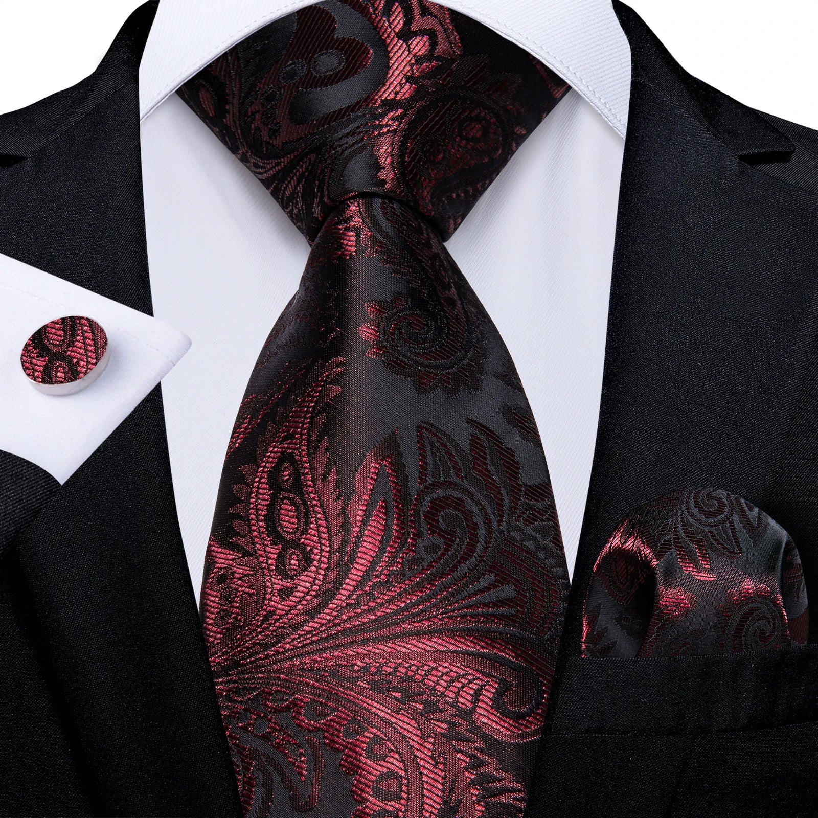 Red  Solid Striped Paisley Neckties Hanky Cufflinks Set For Men