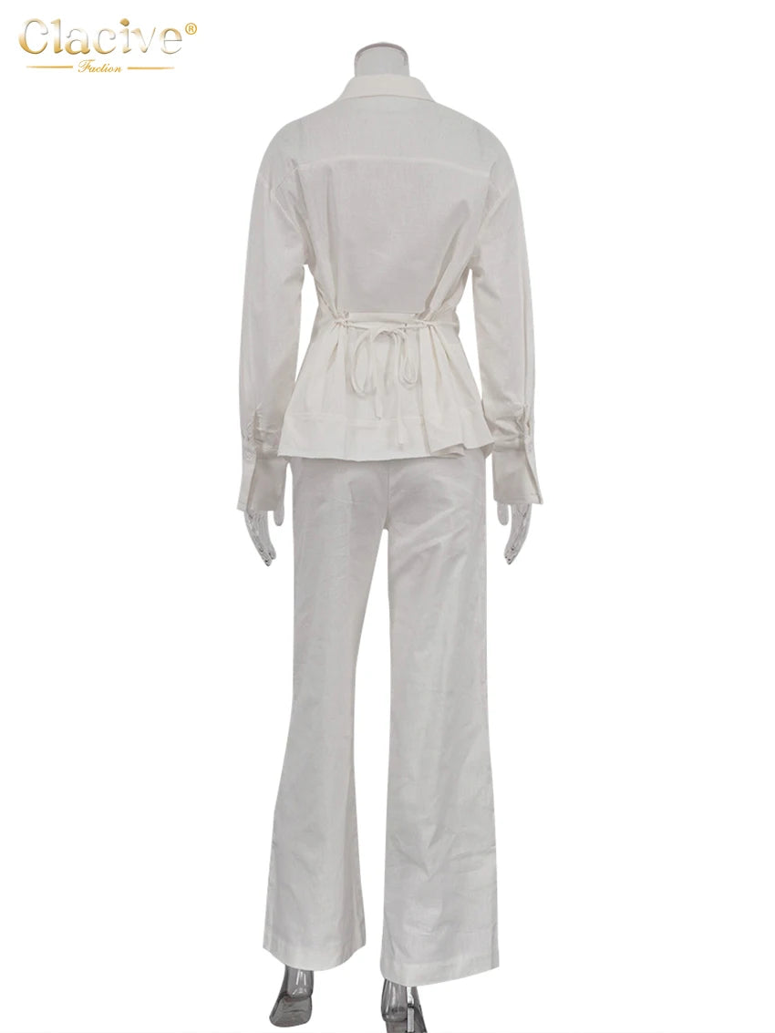 Fashion Loose White Linen 2024 Elegant Long Sleeve Shirt With Mid Waist Wide Pants Set