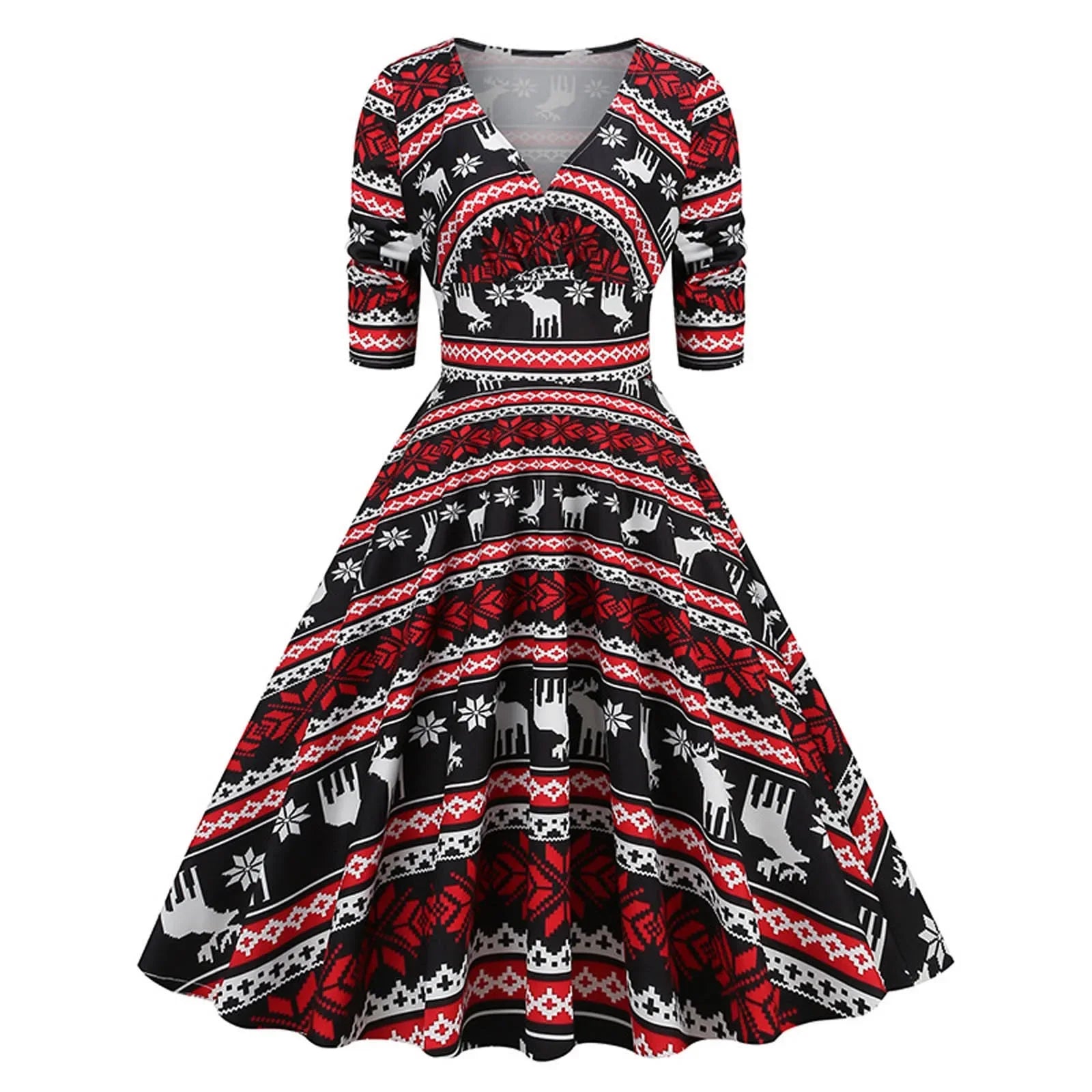 2024 Christmas Deer and Tree Print Christmas Party V-Neck High Waist 50s Vintage Swing Dresses