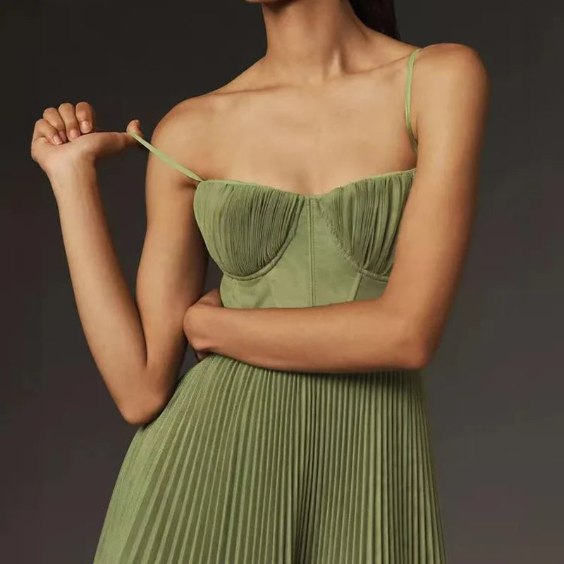 New Spring Summer Solid Pleated Strapless Hollow A-Line Long Dress