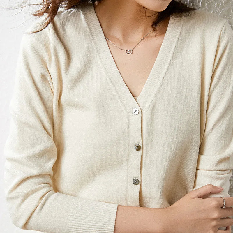 Spring Autumn  Single Breasted V-neck Solid Knitted Cardigans Sweater