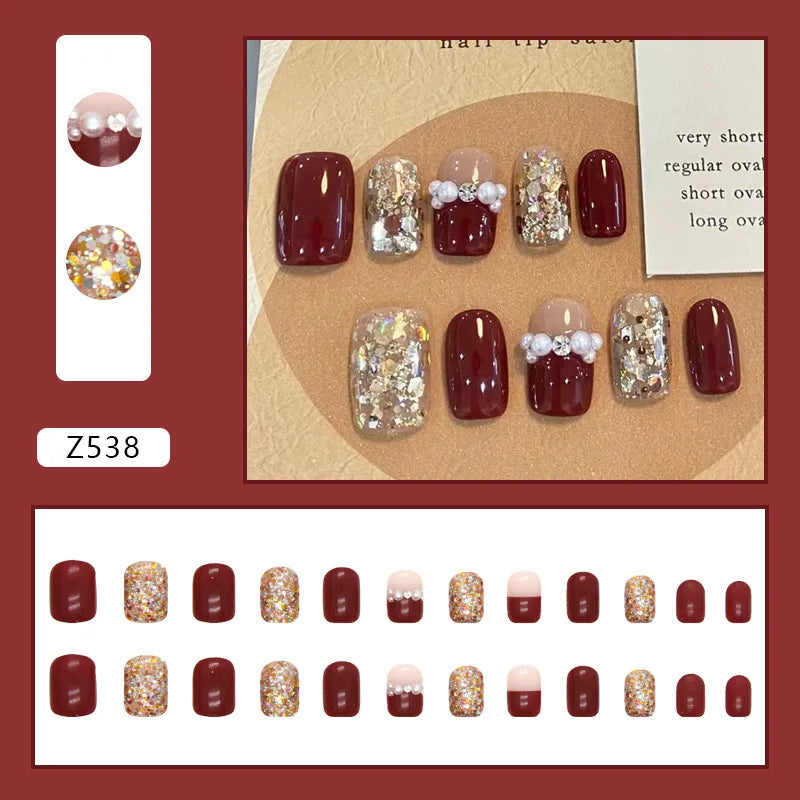 24pcs Artifical Nails Fake Wearable Nail Tips With Small Diamonds