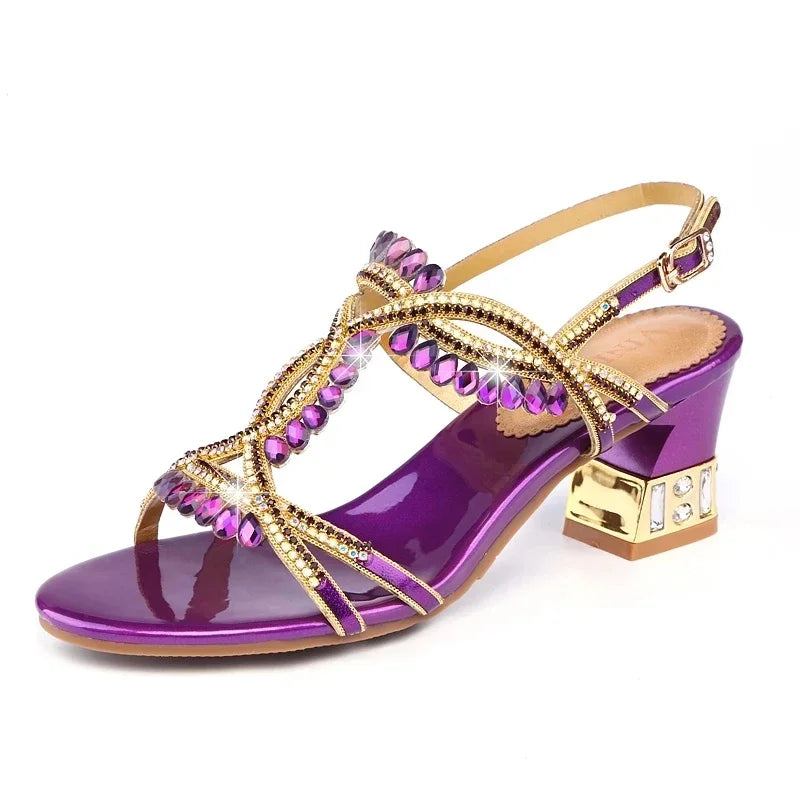 Fashion Open Toe Shining Rhinestone Buckle Thick High Heel Sandals