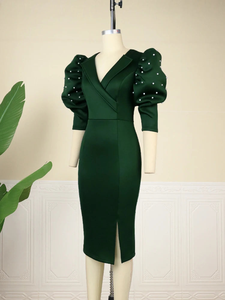 V Neck Half Puff Sleeve Dark Green High Waist Bodycon Midi Dresses