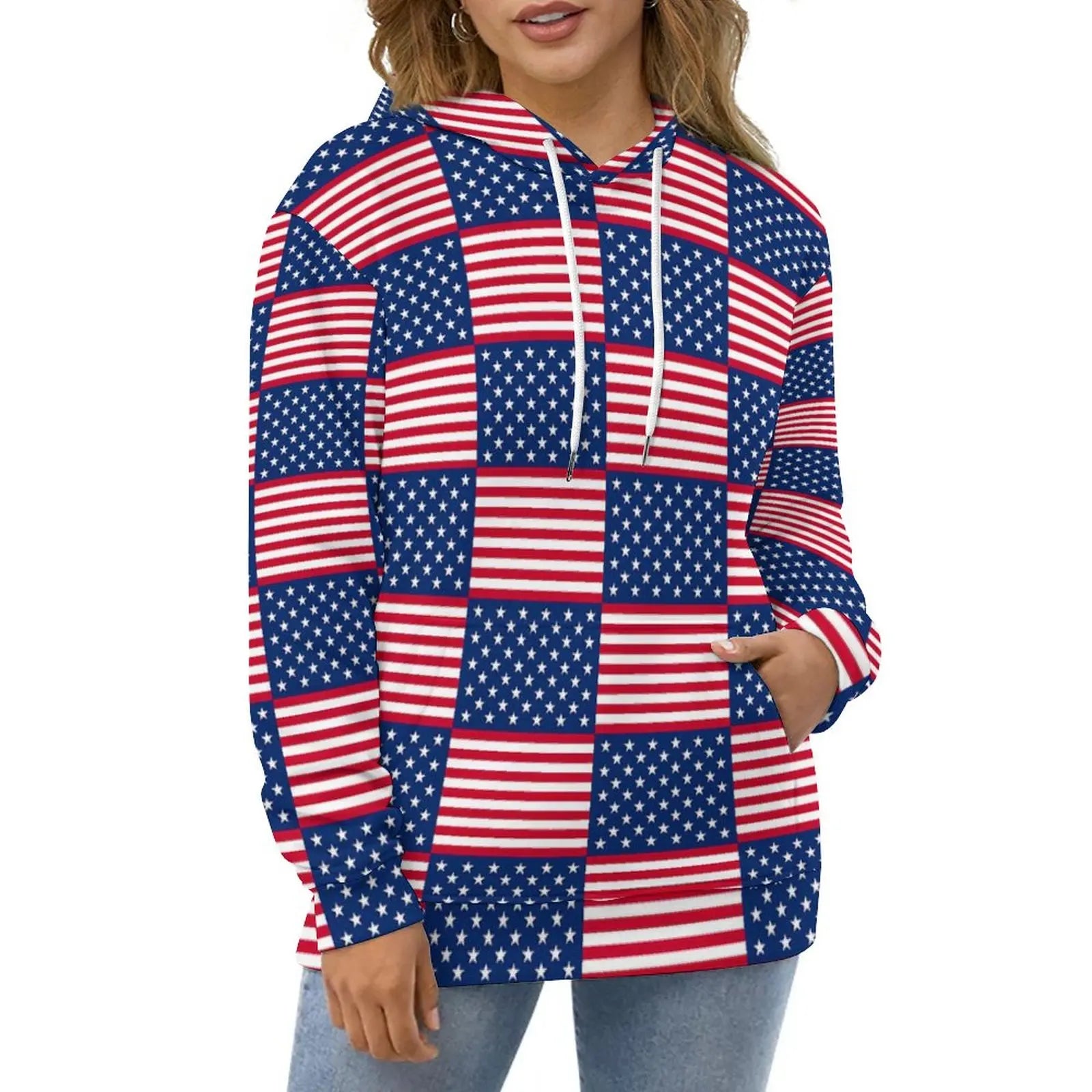 American Flag Hoodies White Stars Print Classic