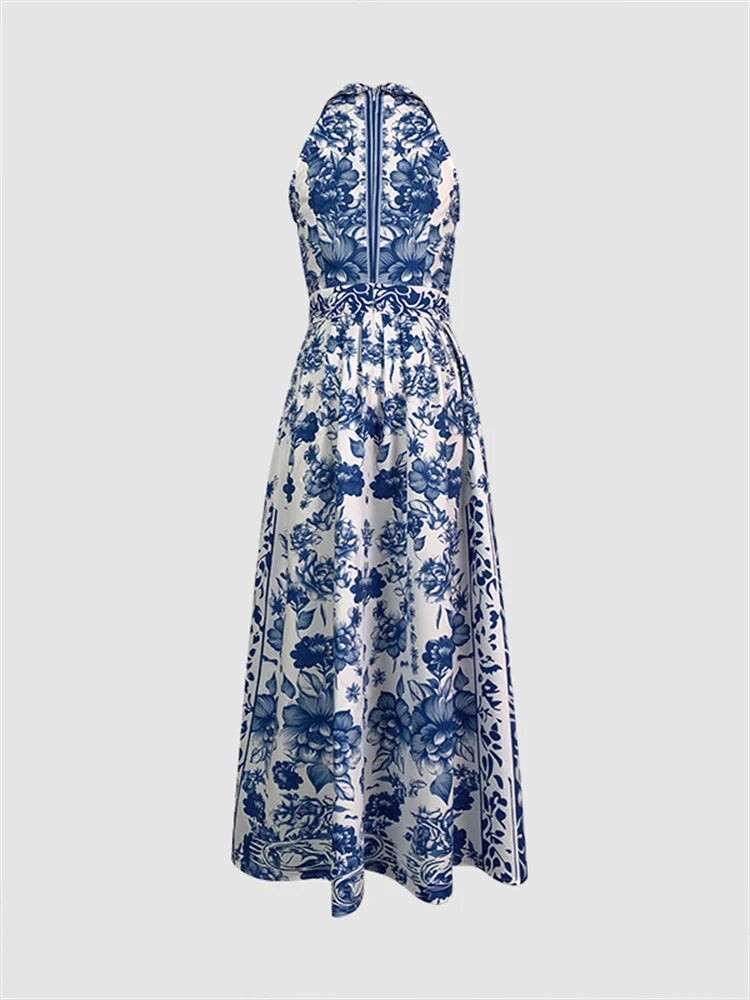 2024 Summer Sleeveless Vintage Blue Flower Printed Lapel A-Line Dress