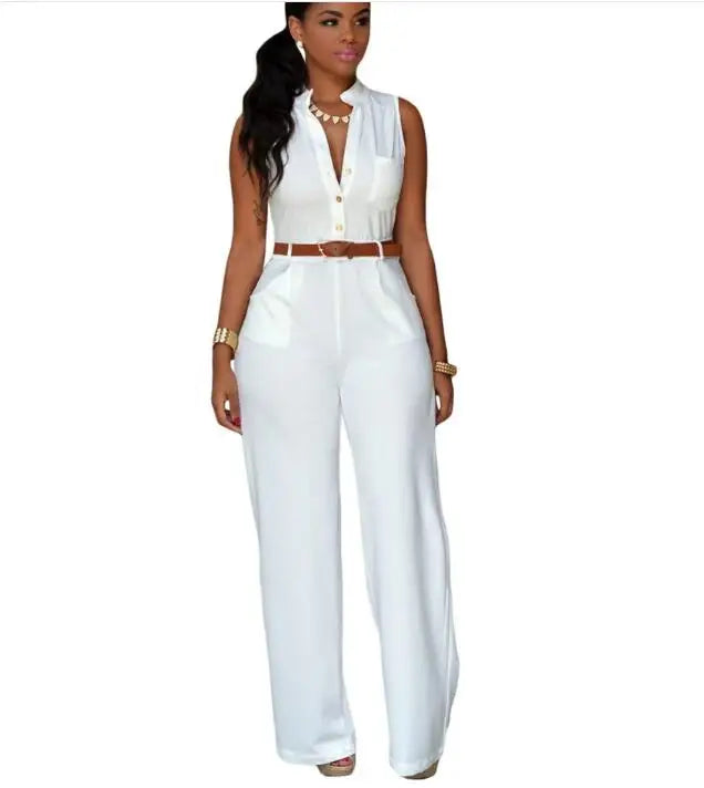 Sleeveless Single Breasted Button High Waist Wide Leg Jumpsuit