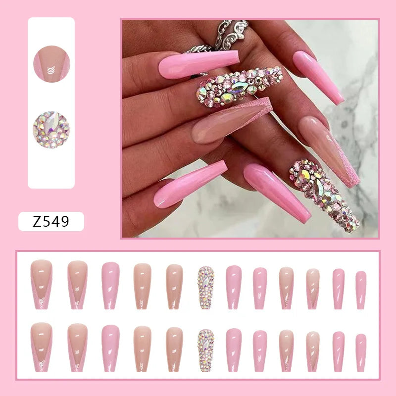 24pcs Artifical Nails Fake Wearable Nail Tips With Small Diamonds