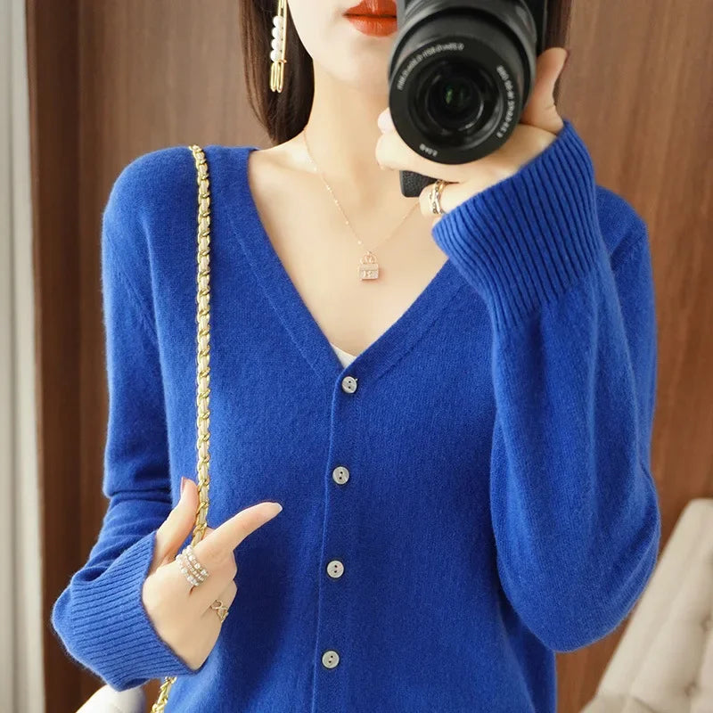 Spring Autumn  Single Breasted V-neck Solid Knitted Cardigans Sweater