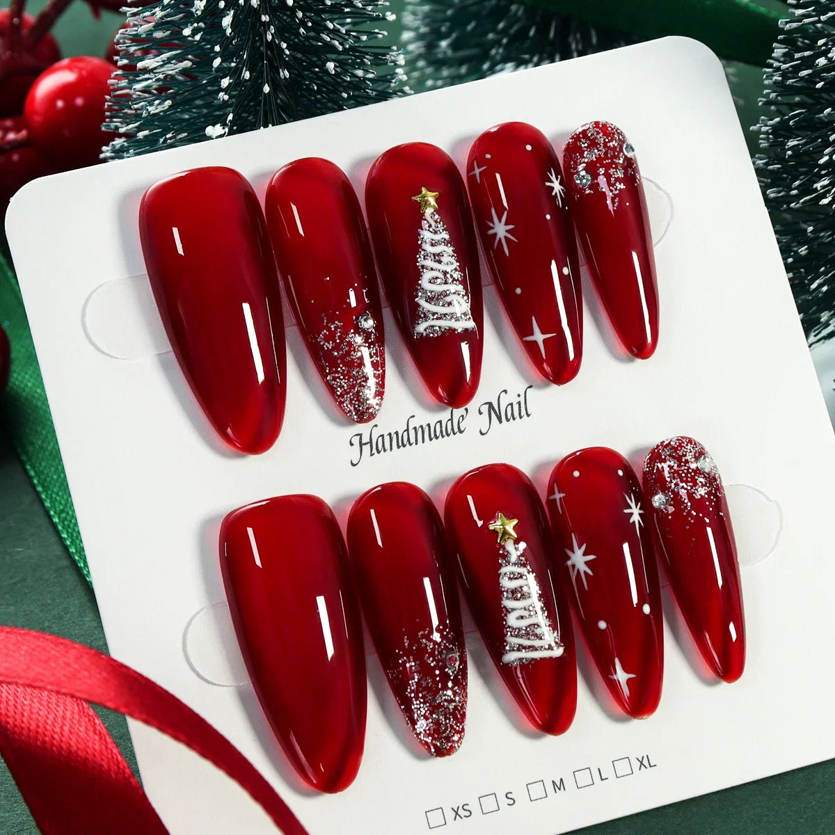 10pcs Christmas Red Glossy Handmade Long Press on Fake Nail