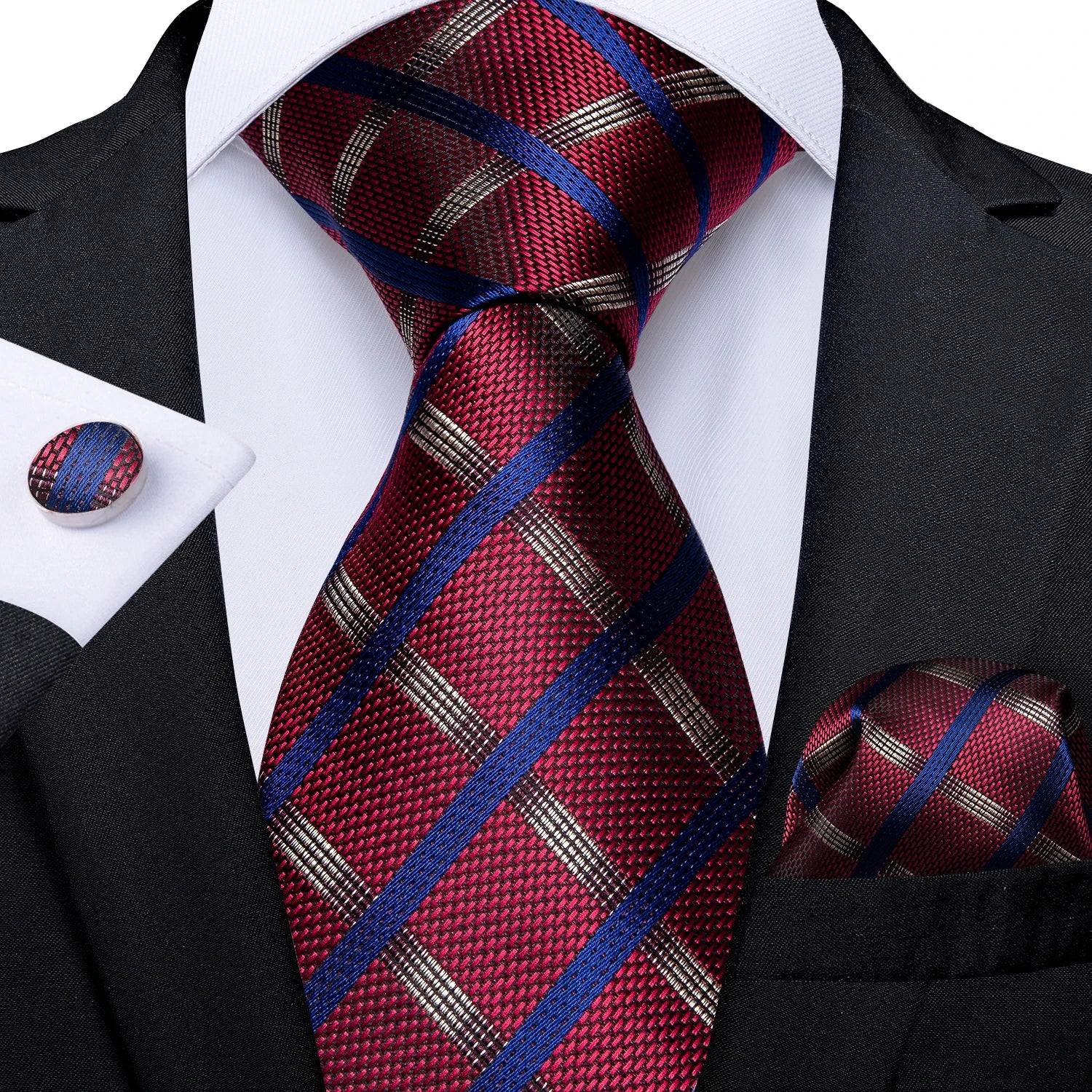 Red  Solid Striped Paisley Neckties Hanky Cufflinks Set For Men