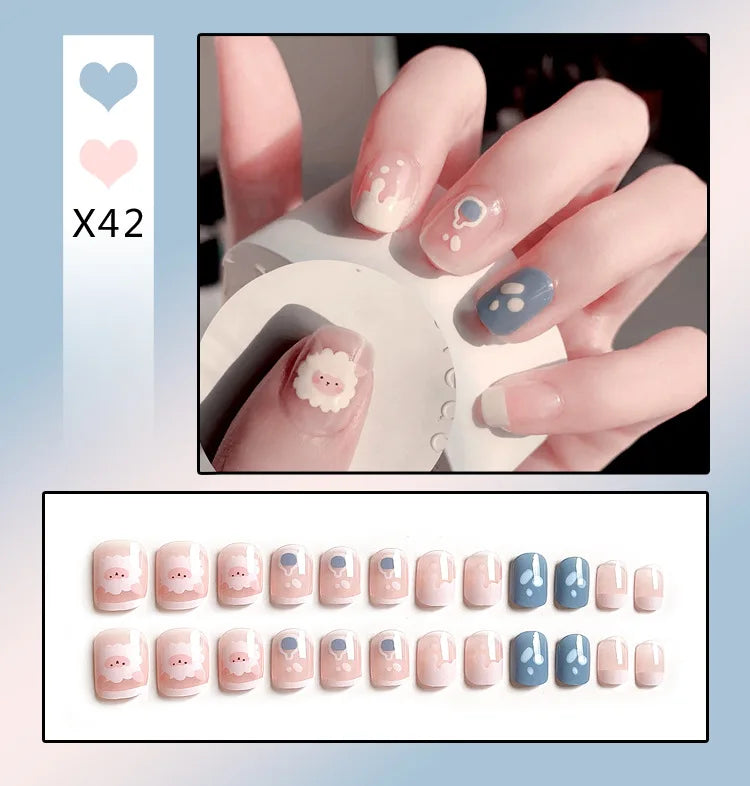 24Pcs French With Drill Short Fake Nails Press On Nail Tips