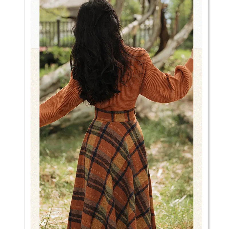 Spring Autumn Vintage Plaid Long Skirts Sweater Two-Piece Set F