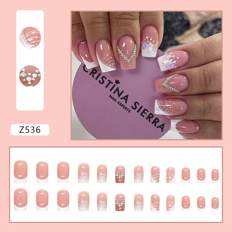 24pcs Artifical Nails Fake Wearable Nail Tips With Small Diamonds