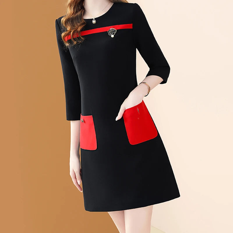 Elegant Patchwork Colour O-neck Pocket Office A-line Dresses