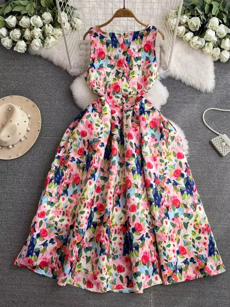 Summer Fashion Sleeveless Pocket Floral Jacquard Dress