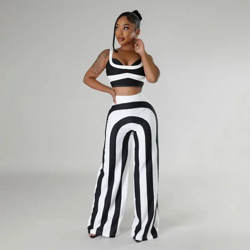 Striped Print  Crop Top and Wide Leg Pants 2 Piece Set