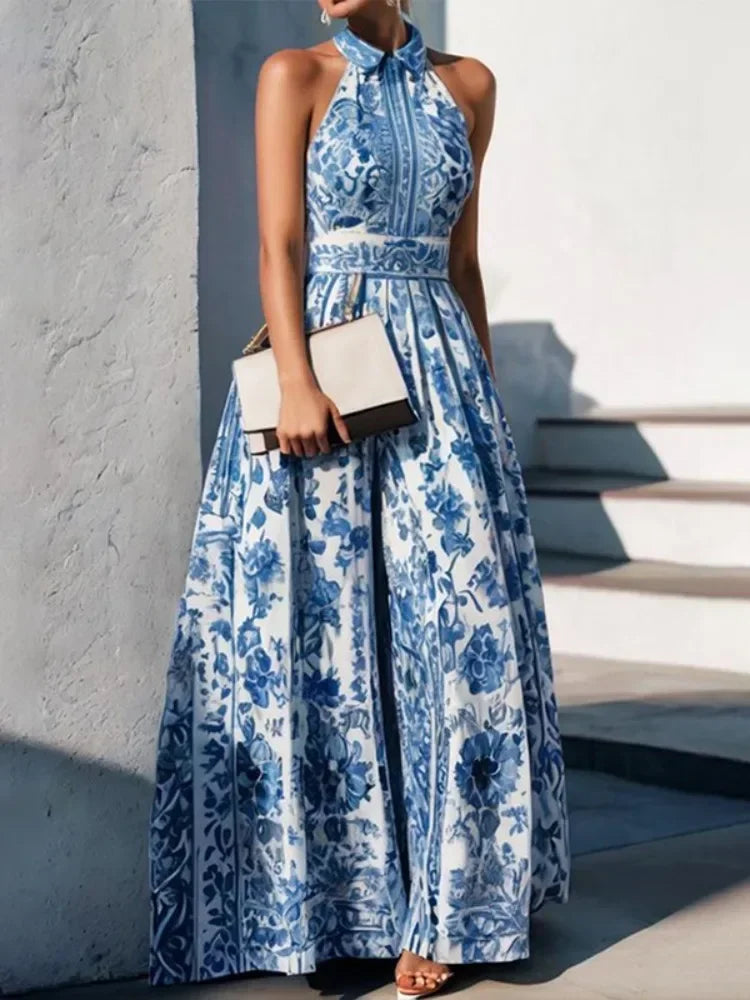 2024 Summer Sleeveless Vintage Blue Flower Printed Lapel A-Line Dress