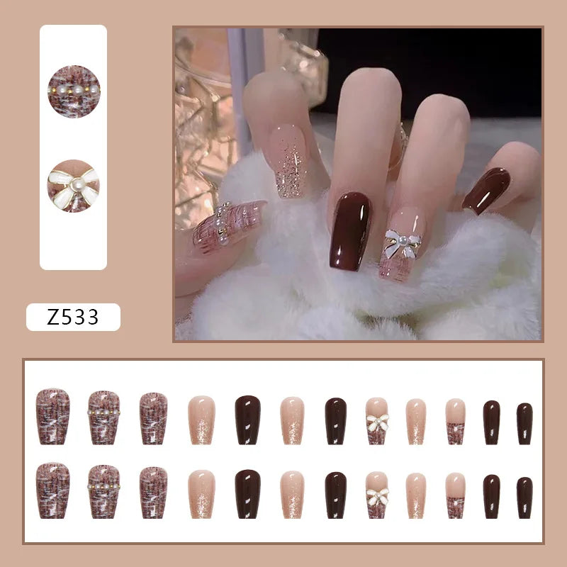 24pcs Artifical Nails Fake Wearable Nail Tips With Small Diamonds