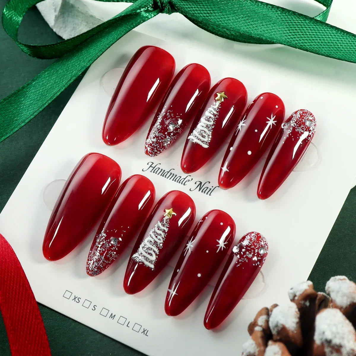 10pcs Christmas Red Glossy Handmade Long Press on Fake Nail