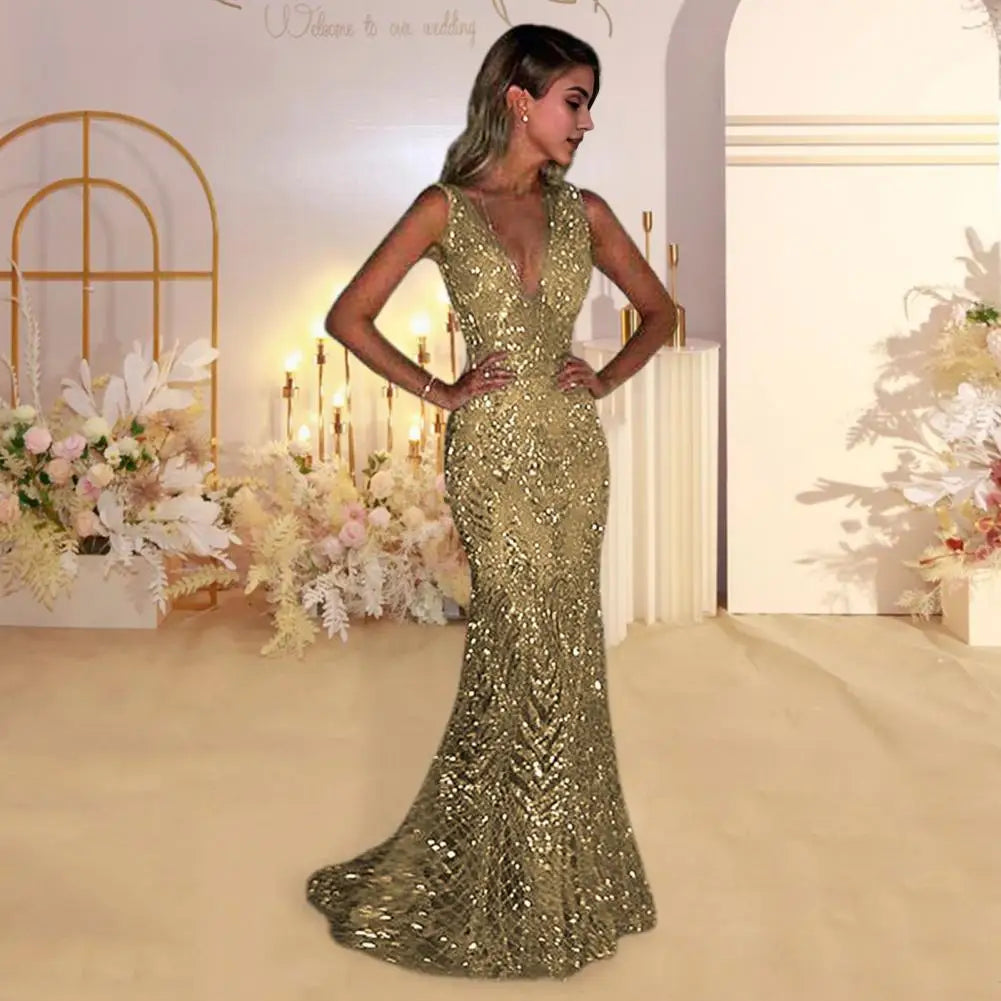 V-neck Long Elegant Sequin Fishtail Evening Gown