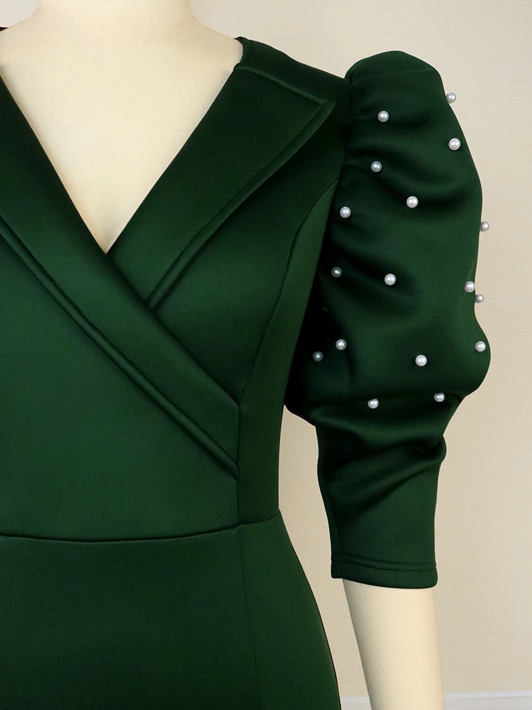 V Neck Half Puff Sleeve Dark Green High Waist Bodycon Midi Dresses