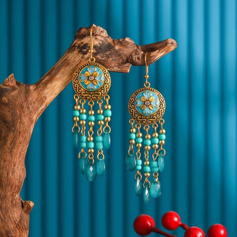 Bohemian Ethnic Long Blue Acrylic Crystal Water Drop Earrings