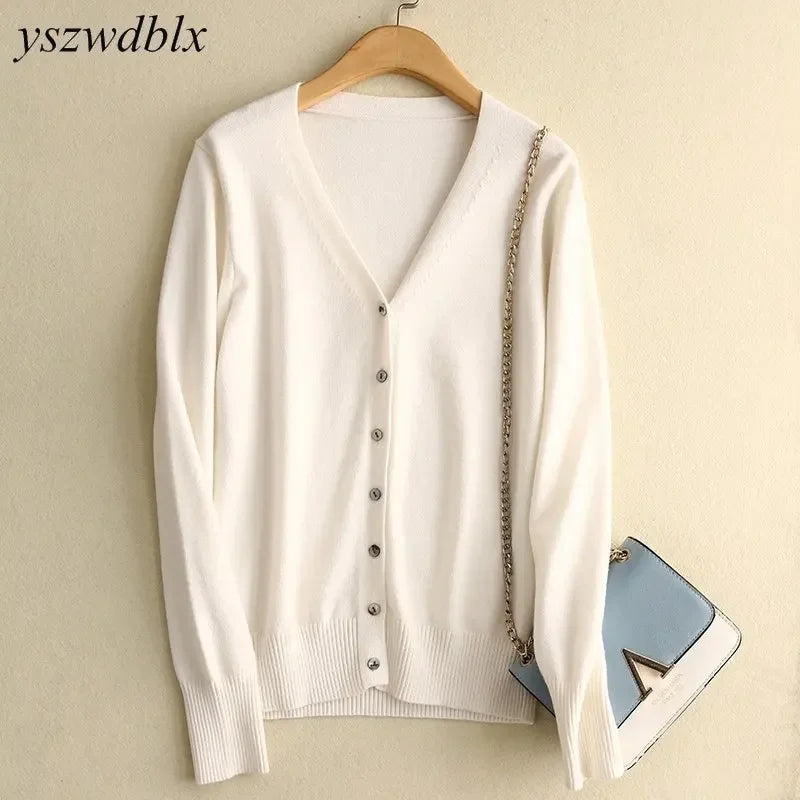 Spring Autumn  Single Breasted V-neck Solid Knitted Cardigans Sweater