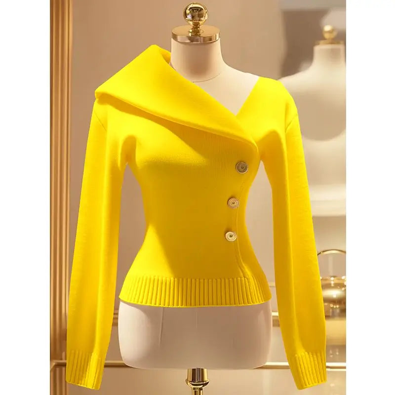 Elegant Slim Fit Solid Color Knitted  Autumn 2024 New Asymmetrical Lapel Sweater