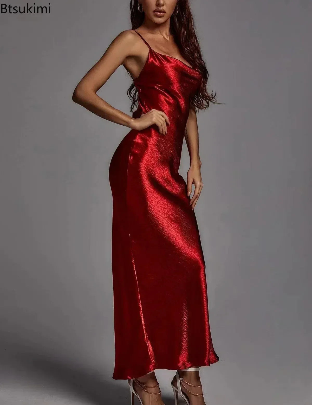 Elegant Satin BacklessSummer Spaghetti Strap Sleeveless Night Club Party Long Dress