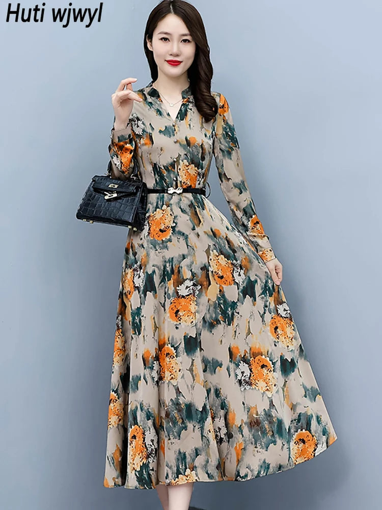 2024 Spring Autumn Floral Acetate Satin Casual Long Dress