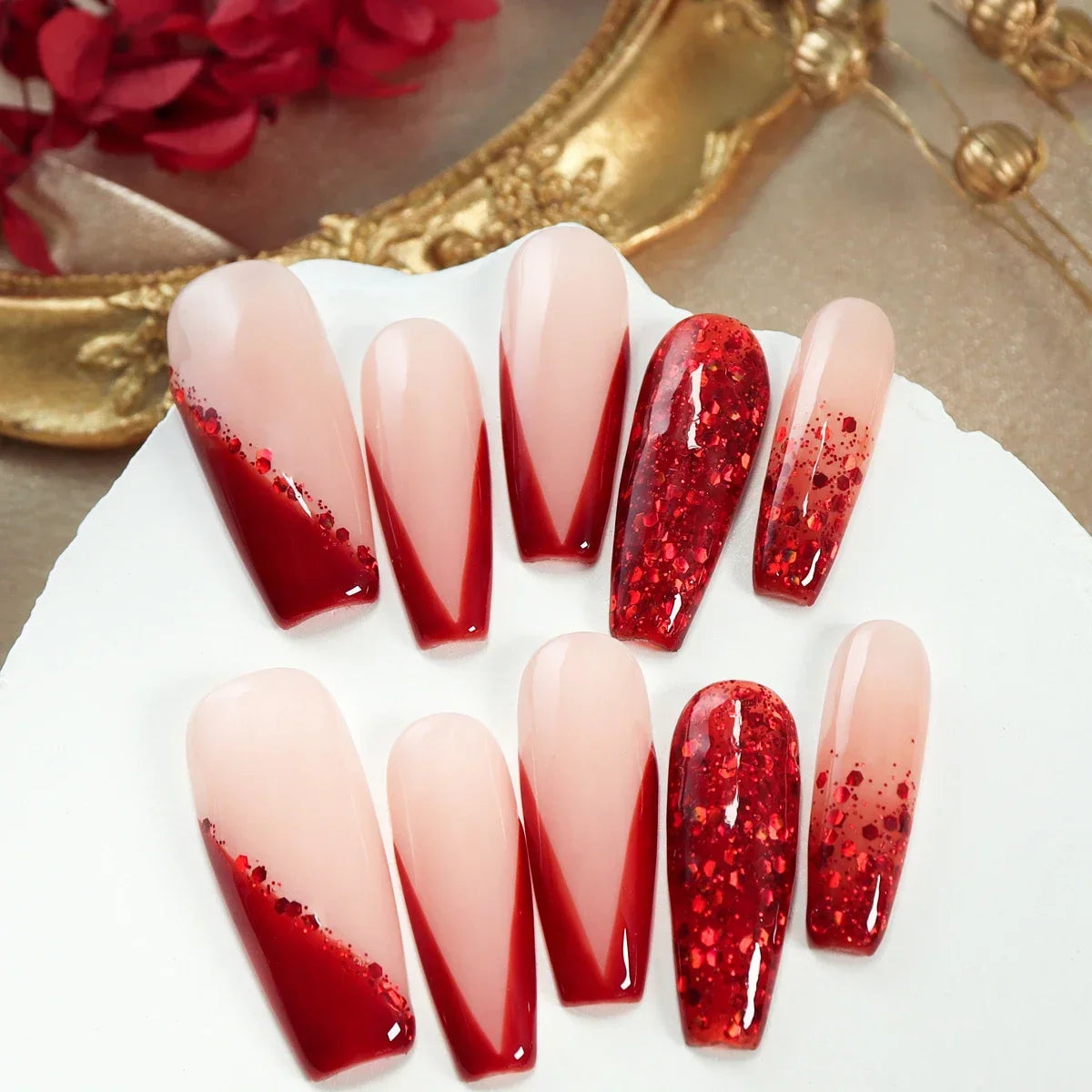 10pcs Christmas Red Glossy Handmade Long Press on Fake Nail