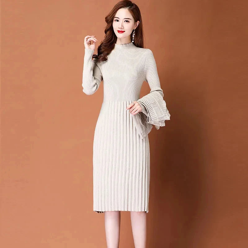 2 Piece Set Cropped Vest + Korean Midi Winter Warm Sweater Dresses