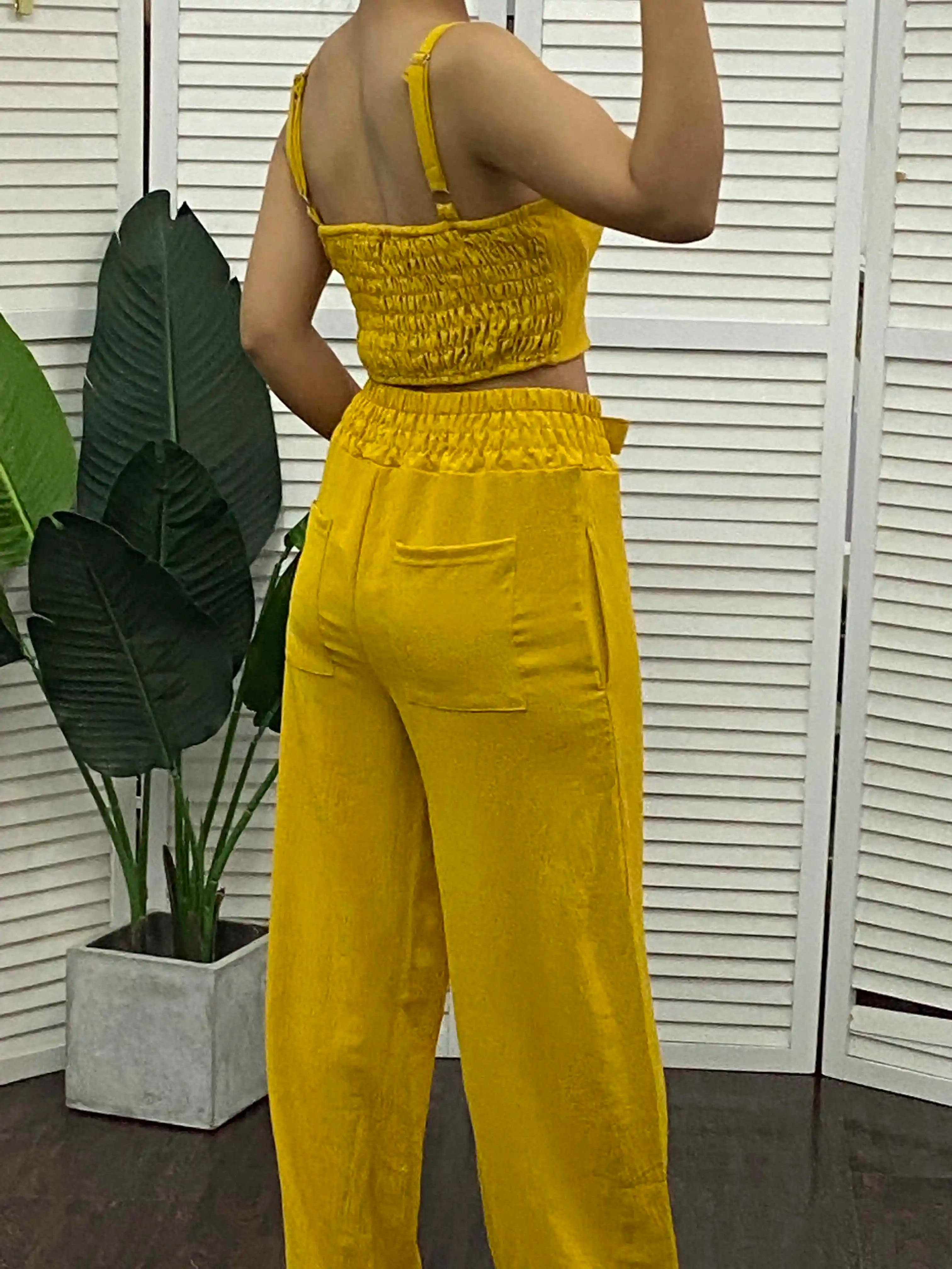 V-Neck Sleeveless Shirred Crop Top & Pocket Design Elegant Work Lady Wide Leg Pants Set