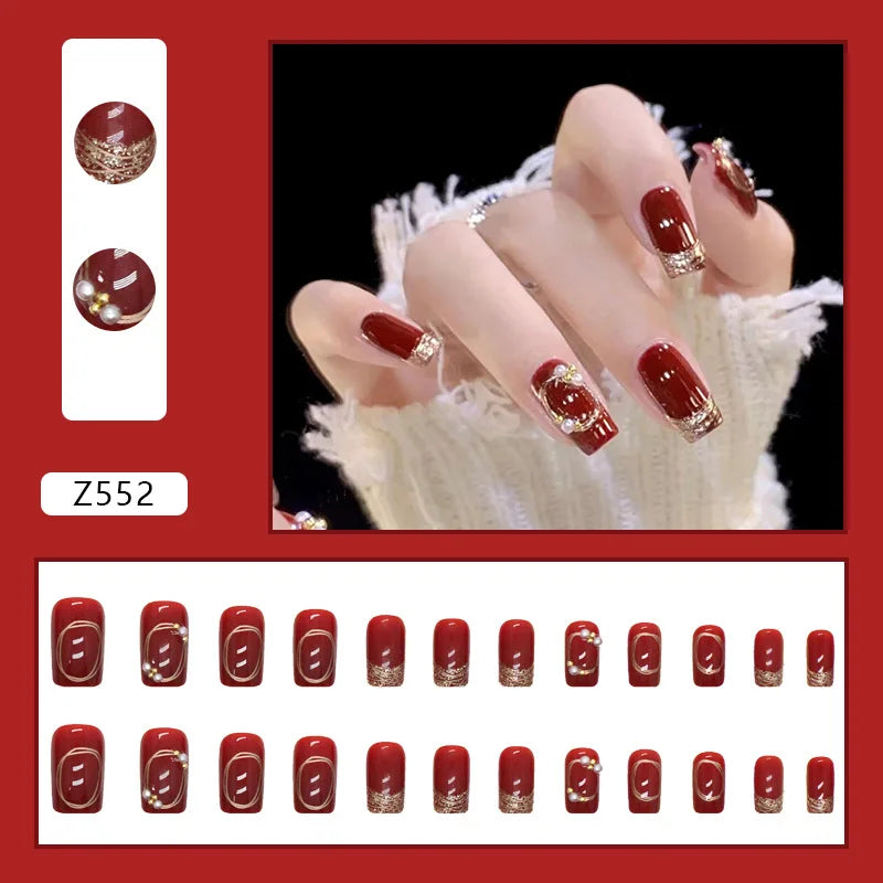 24pcs Artifical Nails Fake Wearable Nail Tips With Small Diamonds