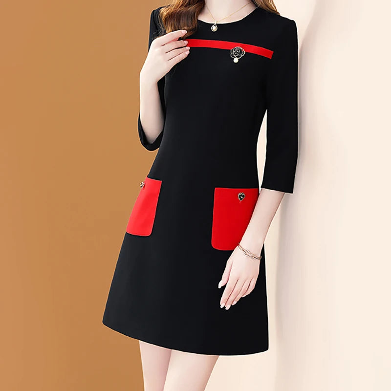 Elegant Patchwork Colour O-neck Pocket Office A-line Dresses