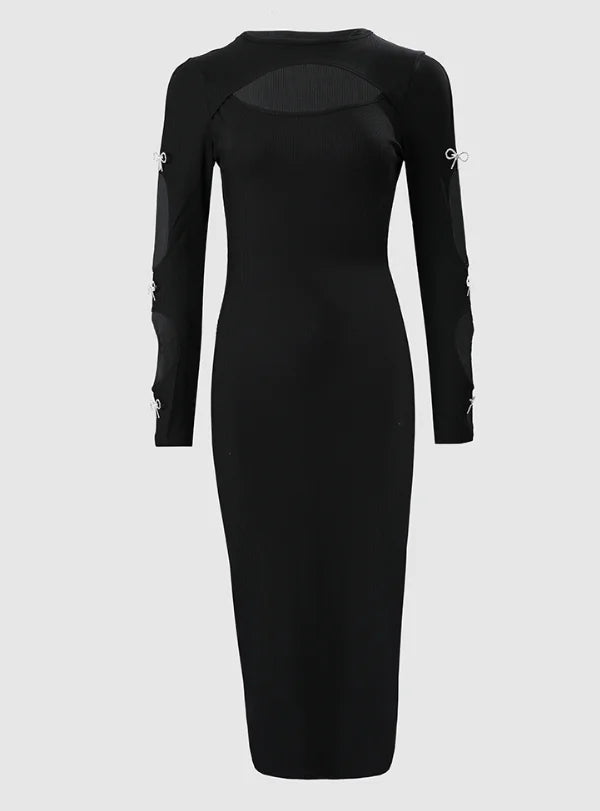 2024 Autumn Black Bow Decor Cutout Long Sleeve Round Neck Bodycon Midi Dress