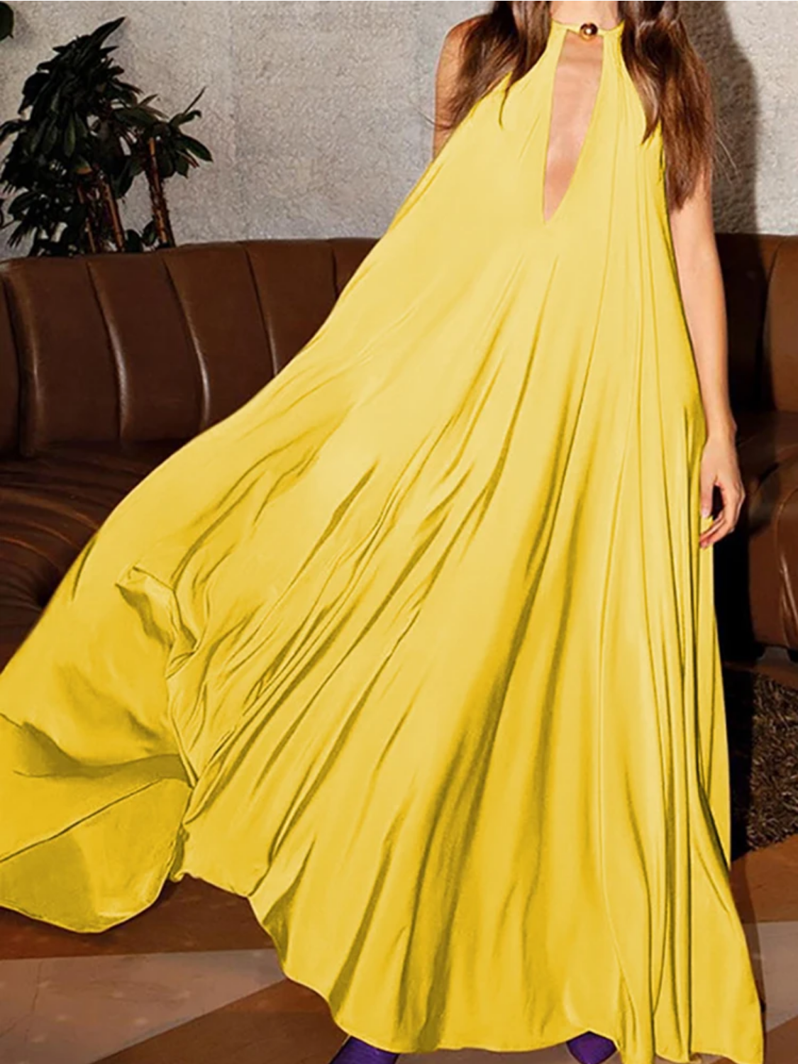 Summer Solid Deep V-Neck Hollow Out Maxi Dress