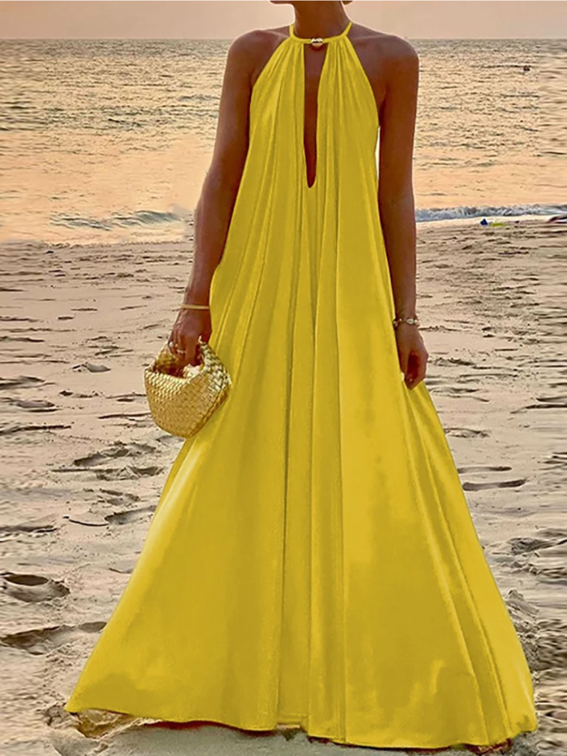 Summer Solid Deep V-Neck Hollow Out Maxi Dress