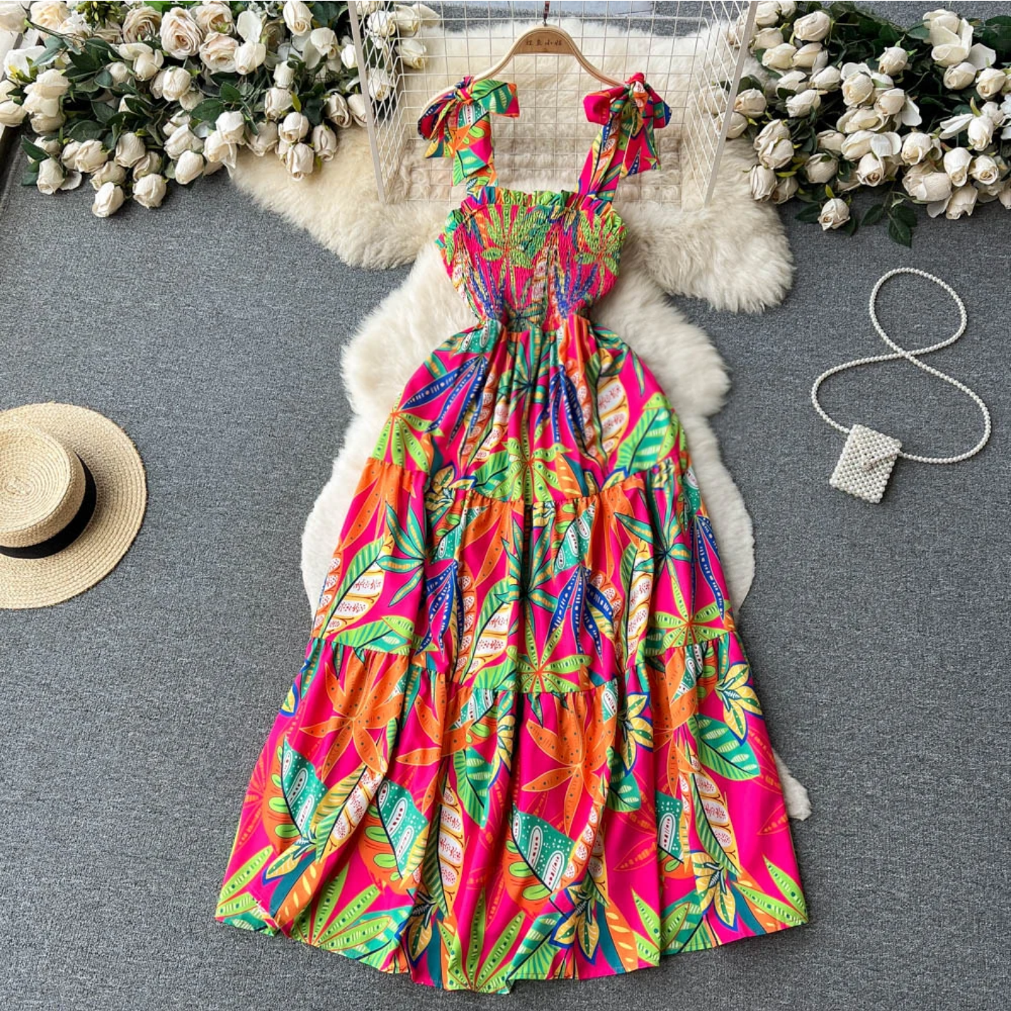 Summer Vacation Spaghetti Strap Ruched Elastic Backless  Floral Print Beach Sundress