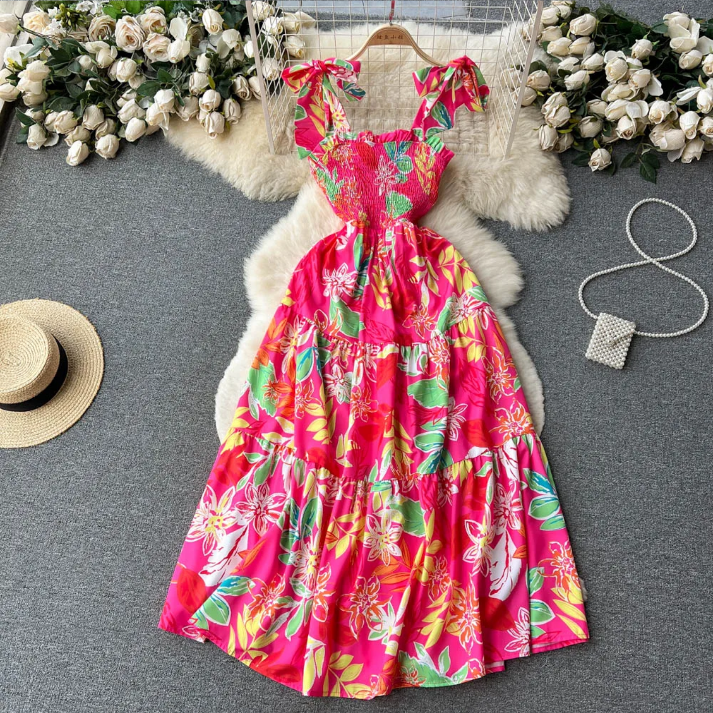 Summer Vacation Spaghetti Strap Ruched Elastic Backless  Floral Print Beach Sundress