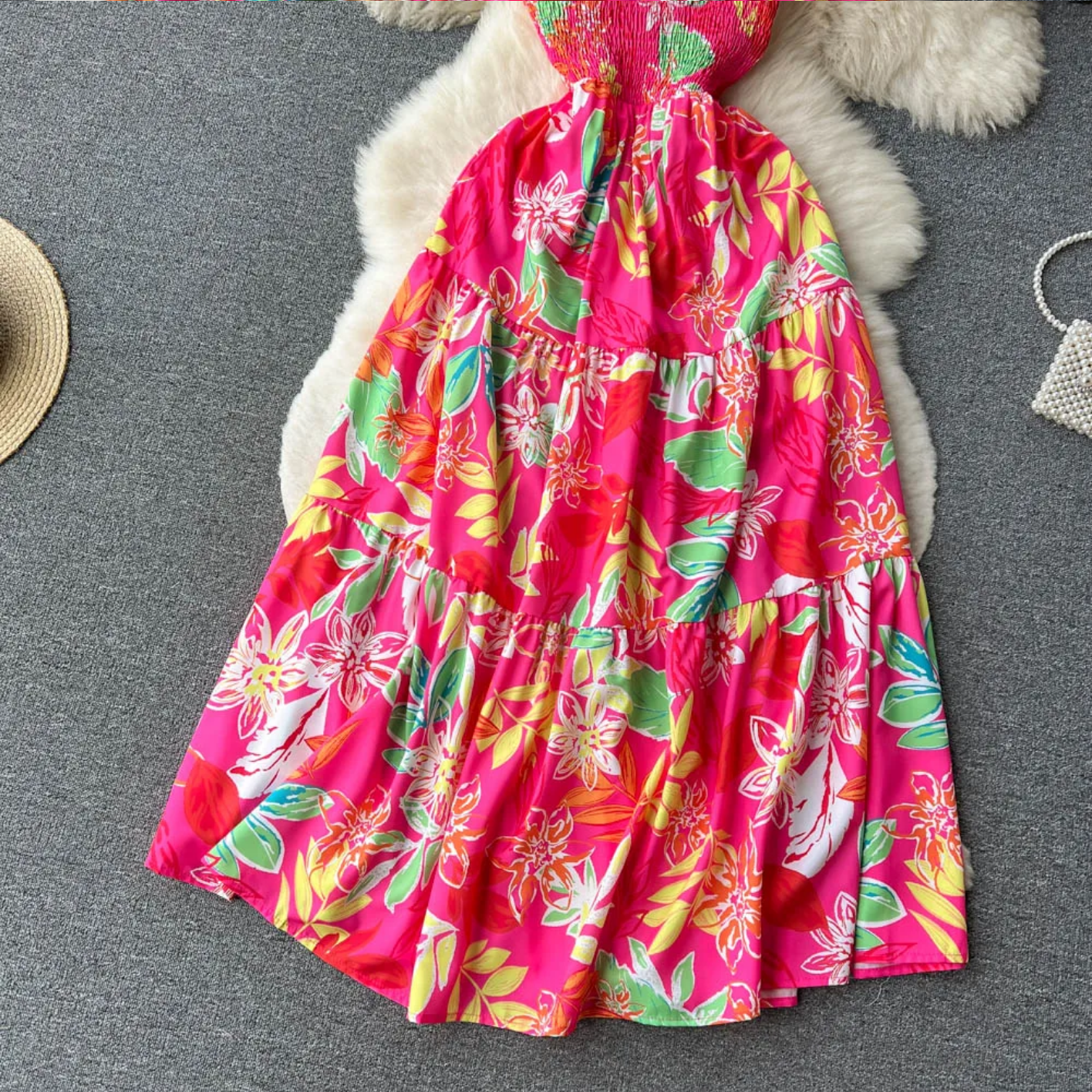 Summer Vacation Spaghetti Strap Ruched Elastic Backless  Floral Print Beach Sundress